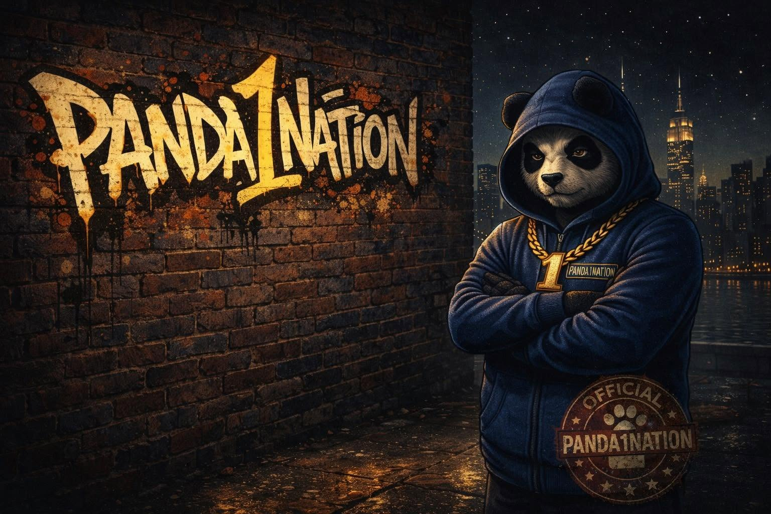 Panda 1 Nation hooded panda beside a city skyline