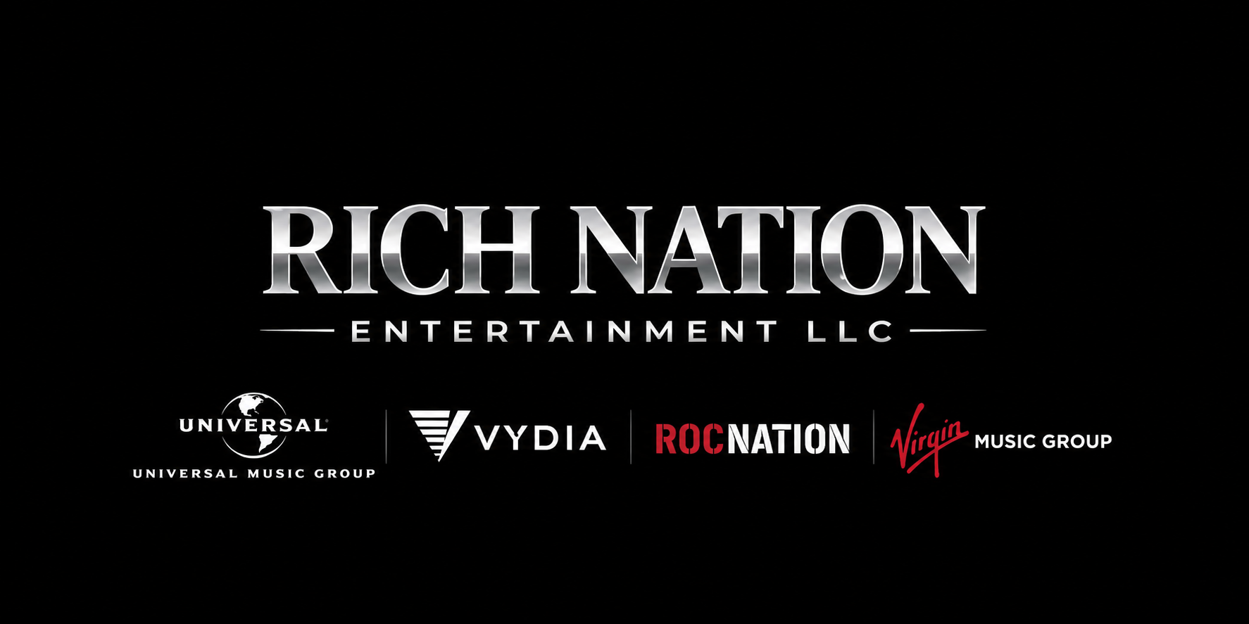 Rich Nation Entertainment with Universal Music Group, Vydia, Roc Nation and Virgin Music Group logos