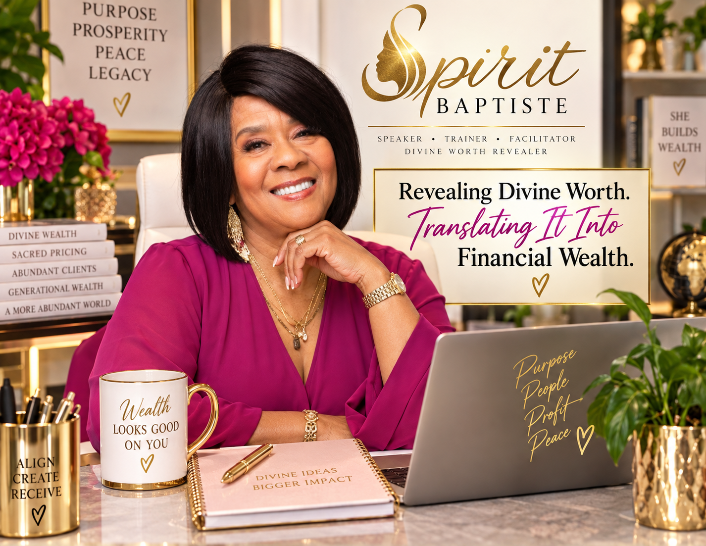 Spirit Baptiste in her office with the message Revealing Divine Worth, Translating It Into Financial Wealth