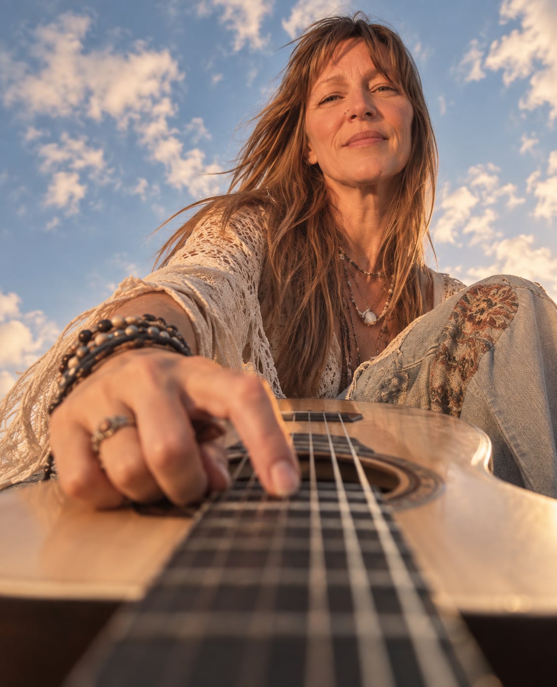 Heidi Little outdoors playing acoustic guitar beneath the sky