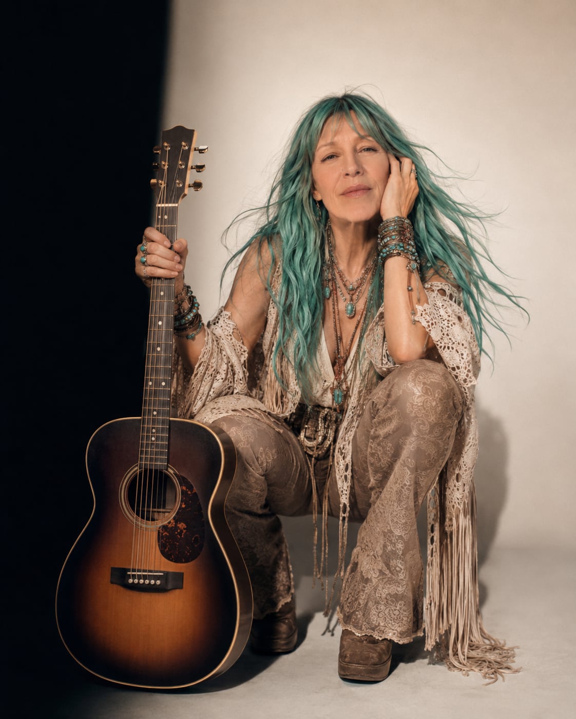 Aria Lightness seated with her guitar in her official studio portrait