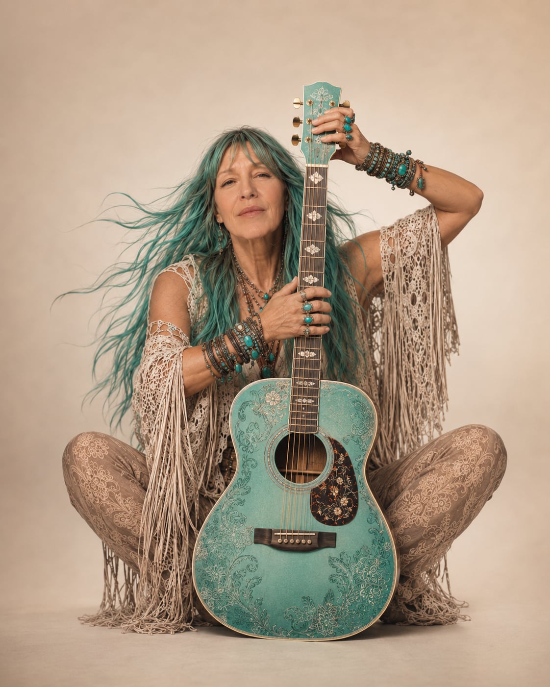 Aria Lightness holding her turquoise acoustic guitar
