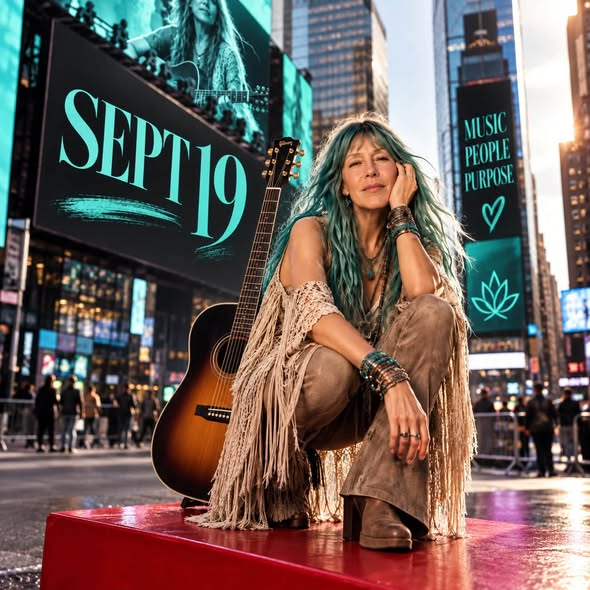 Aria Lightness with her guitar in Times Square